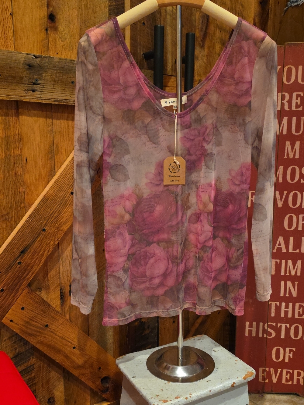 143p A Rare Bird Sheer Rose-Print Long Sleeve Tee - Pink
